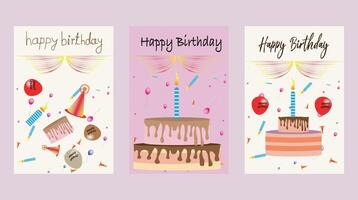 Happy birthday card design set. Trendy greeting cards, different color helium balloons, party hat vector