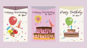 Happy birthday card design set. Trendy greeting cards with cake, different color helium balloons, party hat vector