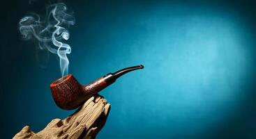 Smoking pipe with tobacco smoke on wooden surface in artistic setup photo