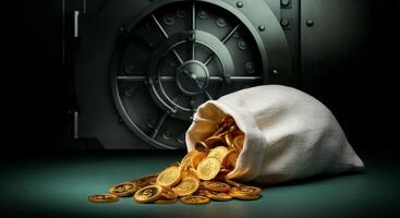 Money bag filled with coins and cash spilling on the table with a safe in the background photo
