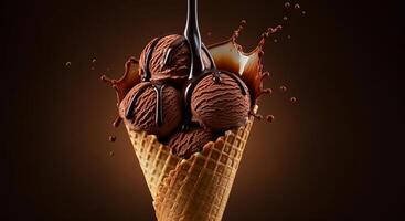 Ice cream cone with chocolate ice cream and chocolate sauce dripping photo