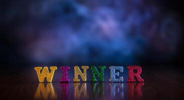 Colorful letters spelling winner celebration with sparkling design on reflective surface photo