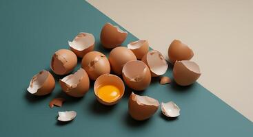 Eggs with broken shells and yolk on a colorful background photo