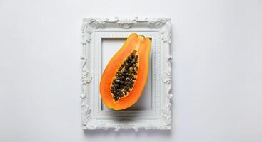 Papaya fruit halved showcasing vibrant color and seeds in a decorative frame photo