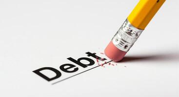 Eraser removing the word debt on paper with focus on financial relief and debt reduction photo