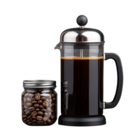 French press coffee maker with jar of coffee beans on transparent background png