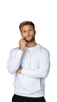 Pensive man in white sweater with hand on chin on transparent background png