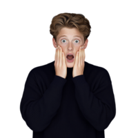 Surprised boy with hands on cheeks in navy sweater on transparent background png