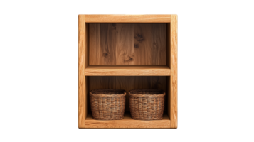 Wooden shelf with wicker baskets on transparent background png