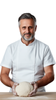 Smiling chef in white uniform kneading dough on transparent background png