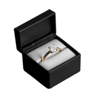 Open black ring box displaying diamond engagement ring on transparent background png