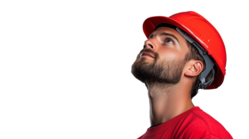 Man in red hard hat looking upward on transparent background png