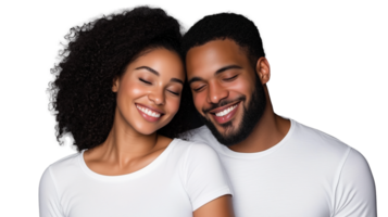 Smiling couple in white shirts close together on transparent background png