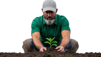 Man planting a small sapling in soil isolated on transparent background png