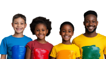 Group of diverse children smiling in colorful shirts isolated on transparent background png