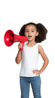Young girl holding a red megaphone with a determined expression on a transparent background png