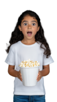 Young girl with a shocked expression holding a bucket of popcorn on a transparent background png