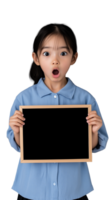 Young girl holding a blank blackboard with a surprised expression on a transparent background png