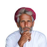 Older man with thoughtful expression wearing a traditional red turban on a transparent background png