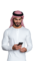 Smiling man wearing traditional Middle Eastern attire and checking his smartphone on a transparent background png