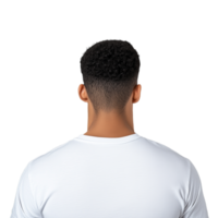 Back view of a man with a fade haircut wearing a plain white shirt on a transparent background png