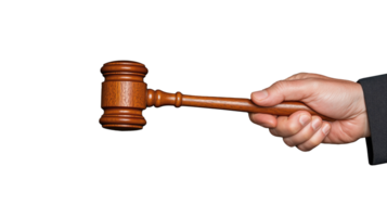 Hand holding a wooden gavel in a striking position on a transparent background png