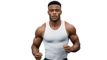 Muscular man in white tank top with a focused expression on a transparent background png