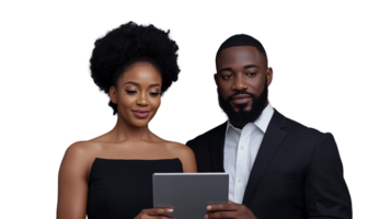 Professional couple using a tablet, dressed formally, on a transparent background png