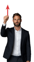 Professional man in suit pointing up with a serious expression on a transparent background png