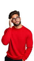 Man in red sweater with a thoughtful expression touching his head on a transparent background png