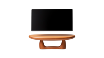 Sleek black desktop computer monitor with wooden stand on a transparent background png