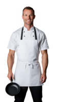 Chef in white uniform holding a frying pan on a transparent background png