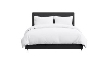 White bedding set with black headboard in a minimalist style on a transparent background png