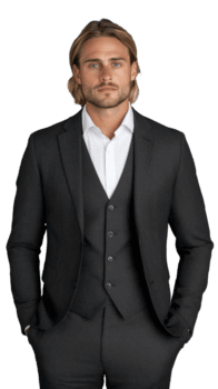Man in tailored gray suit with hands in pockets on a transparent background png