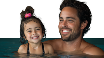 Smiling father and young daughter swimming together on a transparent background png