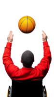 Person in a wheelchair tossing a basketball upward on a transparent background png