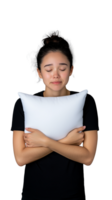 Woman hugging a white pillow with sad expression on a transparent background png