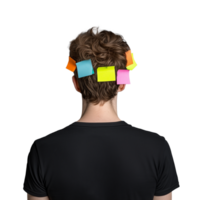 Person with colorful sticky notes on back of head on a transparent background png