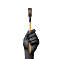 Gloved hand holding a small paintbrush with soft bristles on a transparent background png
