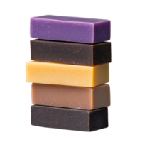 Layered stack of artisanal soap bars in earthy colors on a transparent background png