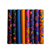 Rolled colorful fabric samples with floral patterns on a transparent background png