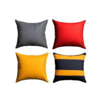 Set of four colorful pillows in red, yellow, black, and striped patterns on a transparent background png