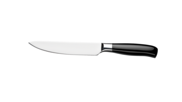 Sharp kitchen knife with black handle, isolated on a transparent background png
