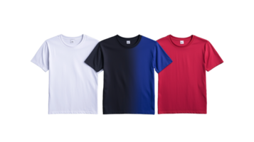 Set of three basic t shirts in red, navy, and white colors on a transparent background png