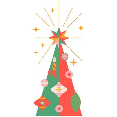 Christmas tree with star and balls on transparent background.Symbol of New Year,Merry Christmas holiday celebration.Xmas tree modern trendy design.Colorful illustration geometric style.EPS10.