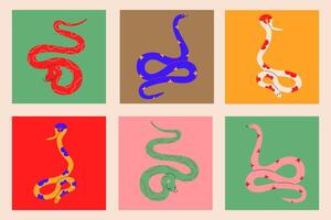Various Snake set.Hand drawn colored snakes collection.Chinese new year symbol.Year of the snake illustration for greeting card, sticker, background. Hand drawn trendy illustration EPS10 vector