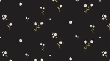 cute white cartoon flower with leaf, branch seamless pattern in black background for fabric print, paper print, social media, party print or any use. flower doodle vector