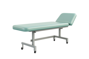 Medical examination table isolated on a transparent background. Adjustable hospital bed with a green mattress and metal legs for patient care. png