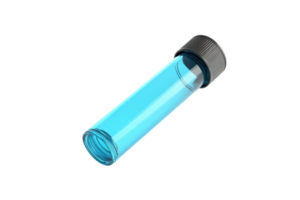 Close-up image of a blue plastic test tube with a black screw cap, isolated on transparent background. ideal for scientific or medical use. png