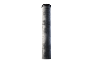 Vertical metal chimney isolated on transparent background. Tall industrial smoke stack with a weathered surface for factory emissions. png